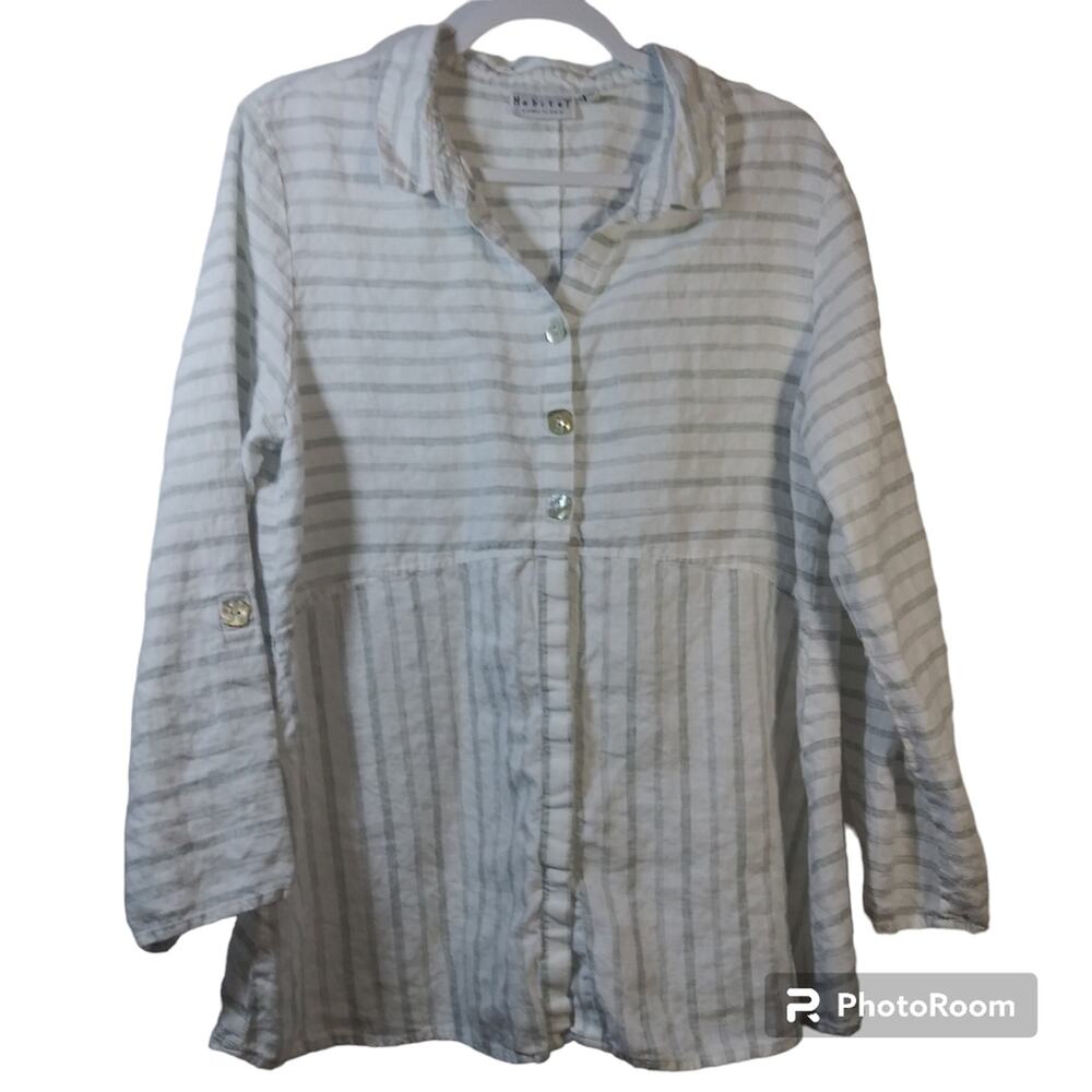 Habitat Womens 100% Linen Button Up Top Long Sleeve V Neck White Striped Size L